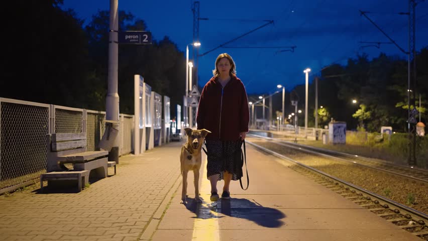 Young woman with a dog walking along platform of train station while passenger train passing by | Shutterstock HD Video #1099530459