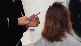 Male hairdresser cutting woman's hair
