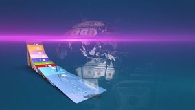 Animation of light trails over globe of dollar bills spinning and credit cards on blue background. Global finance and economy concept - Powered by Shutterstock - Get 15% off with code: PIKWIZARD15