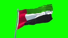 United Arab Emirates or UAE Flag Green Screen flagstaff. Slow motion seamless loop. Green Key Video.