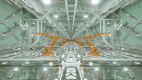 An endless corridor of robotic arms moving in sync inside an industrial facility on a seamless VJ loop. Perfect for visualization of audio beats in music videos, stage performance walls, LED screens a