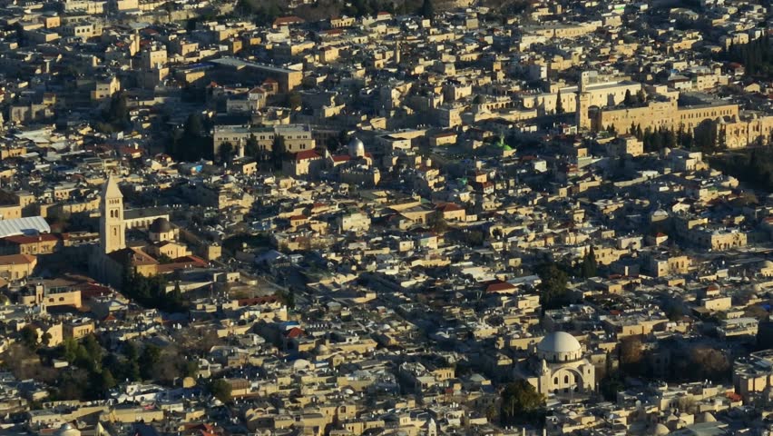 Golden Dome of the Rock of Al Aqsa mosque and Jerusalem old city houses