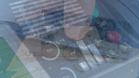 Animation of financial data processing over hands holding payment terminal. Global business, finances and digital interface concept digitally generated video. - Powered by Shutterstock - Get 15% off with code: PIKWIZARD15