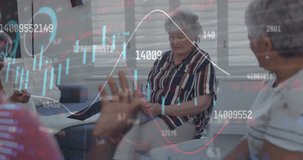 Animation of financial data processing over senior diverse people having meeting. Global business, finances and digital interface concept digitally generated video.