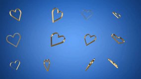 Golden hearts on a blue background. Video for Valentine's Day. Beautiful animation with golden hearts symbols. Looped animation
