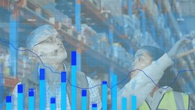 Animation of financial data processing over diverse workers in warehouse. Global business, finances and digital interface concept digitally generated video. - Powered by Shutterstock - Get 15% off with code: PIKWIZARD15