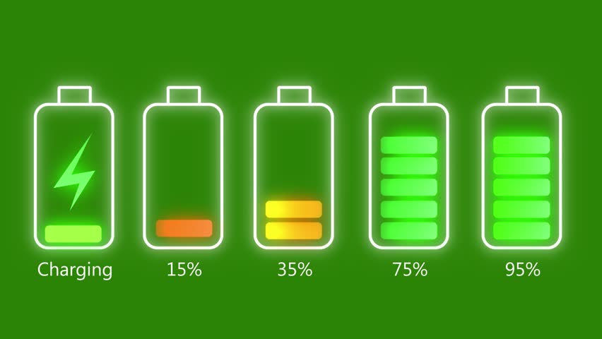 Battery Charge Animation On Green Screen Background. Animation Of Battery Charge Level Indicator On Green Screen Background. Battery Icon Charge Percentages Indicator Animation. Battery Charge Royalty-Free Stock Footage #1099542433