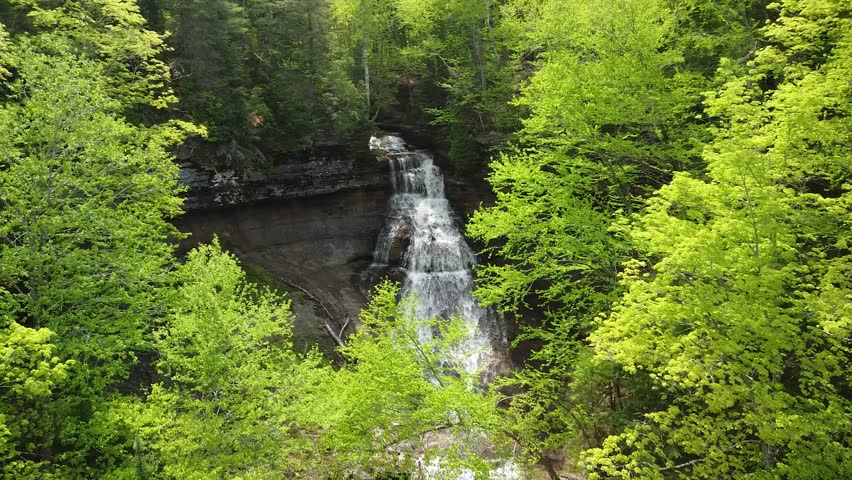 Beautiful Aerial Waterfall Pan, Chapel Falls, Pictured Rocks National Lakeshore