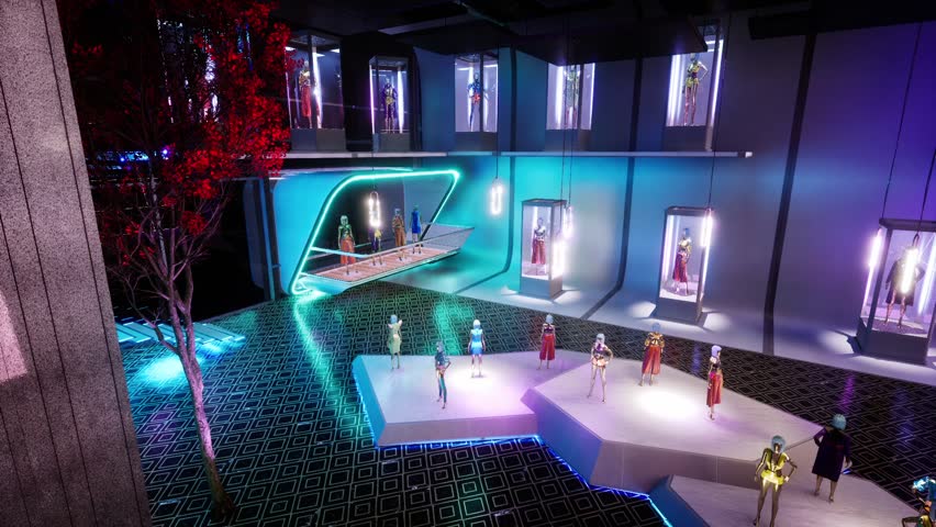 3D Animation of fashion dolls in display cabinets in a fashion room with flickering lamps. Pan shot