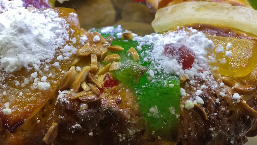 typical Portuguese cake with candied fruit called bolo rei (bolo rei) very close by.