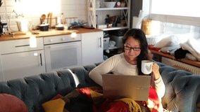 Happy smiling woman sitting on couch, couch and using laptop in living room at home, watching funny video, learning language, video calling, mother working online
