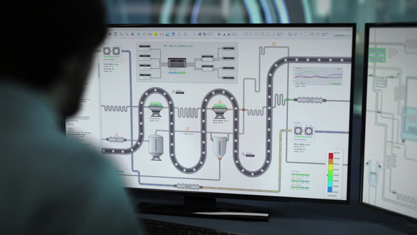 An engineer monitoring the automated production line at the factory. An engineer controlling the production line using computer software. An engineer supervises the movement of a production line. Royalty-Free Stock Footage #1099547189