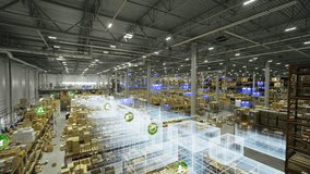 Large distribution center with logistics hologram. Top view of industrial warehouse with flying holographic images. Online trade and post drones concept - Powered by Shutterstock - Get 15% off with code: PIKWIZARD15