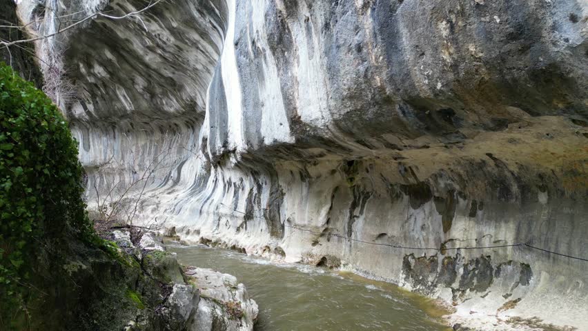 Drone flight over spectacular gorge geological formation Cheile Banitei near Petrosani, Romania, Europe.