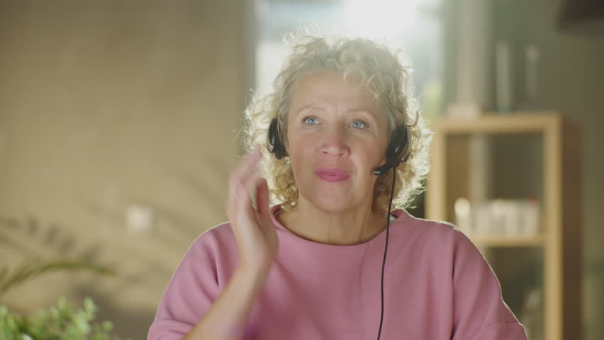 Mature adult curly haired blonde woman sitting at table, looking at camera, listening and speaking. Online remote communication concept | Shutterstock HD Video #1099551303