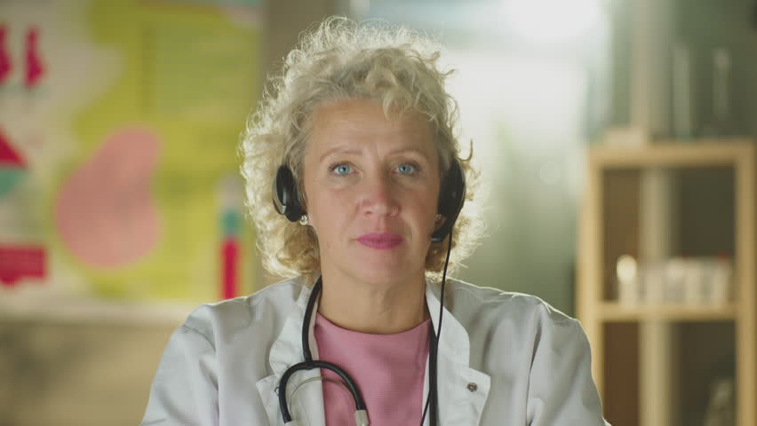 Female doctor wears headset speaking looking at webcam providing remote medical assistance in virtual chat | Shutterstock HD Video #1099551339