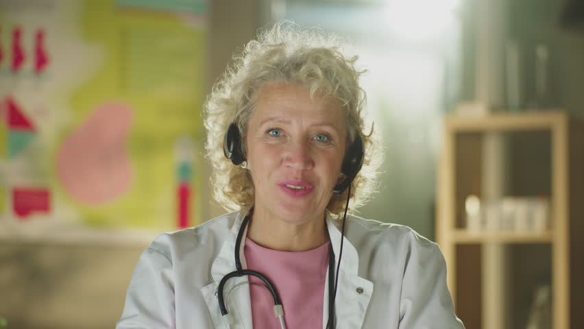Female doctor wears headset speaking looking at webcam providing remote medical assistance in virtual chat | Shutterstock HD Video #1099551341