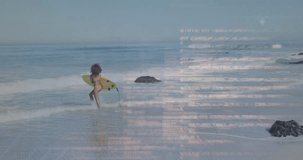Animation of data processing over biracial woman with surfboard in sea. Global holiday, computing and data processing concept digitally generated video.