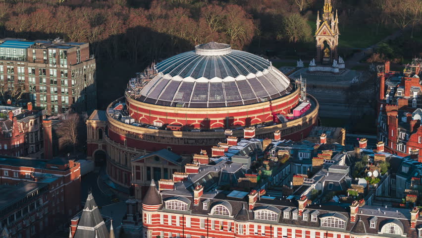 Establishing Aerial View Shot of London UK, United Kingdom, Royal Albert Hall, Knightsbridge