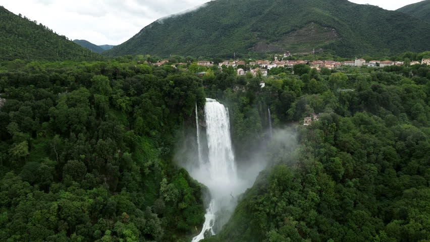 Scenic View Of The Cascata delle Marmore In Umbria, Italy - aerial drone shot
