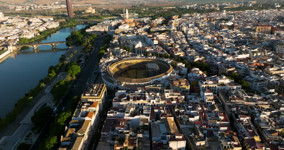 Aerial View Of Plaza de toros de la Real Maestranza de Caballería de Sevilla In Spain.