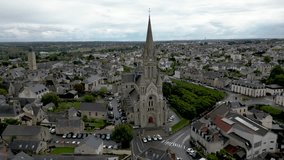 Saint-Martin church in town center, Vitré in Brittany, France. Aerial drone panoramic view