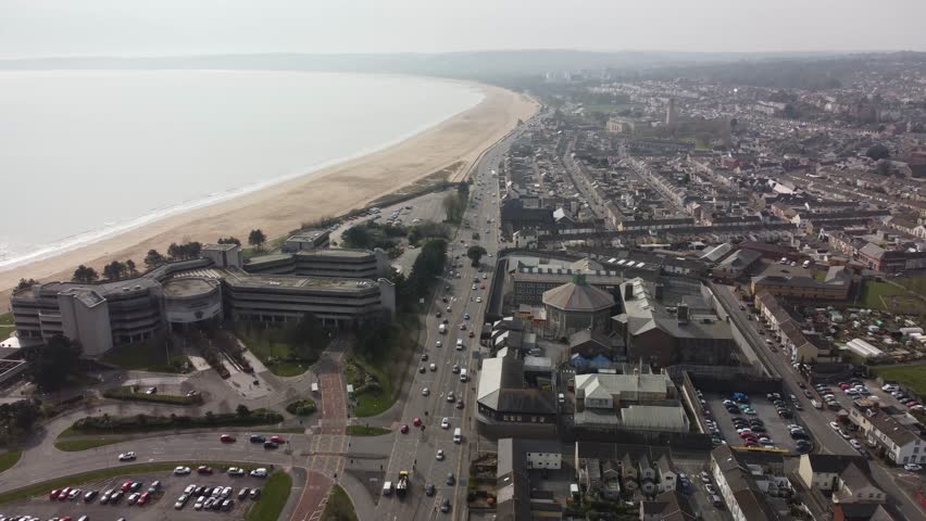 Aerial View Shot of Swansea, Wales, United Kingdom