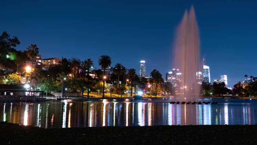 Los Angeles Skyline and Fountain in Echo Park Lake R Night Time Lapse California USA