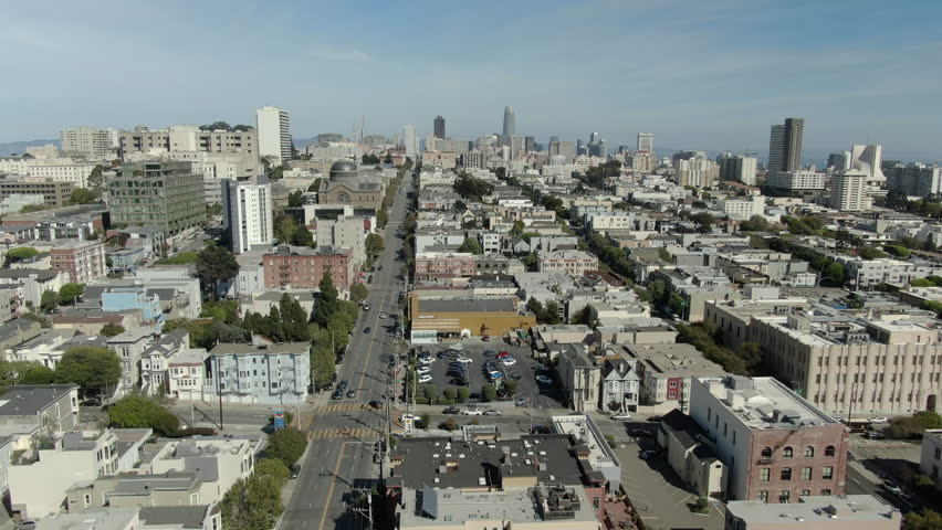 San Francisco Downtown from Pacific Heights Fillmore St Aerial Shot Right California USA