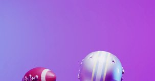 Animation of confetti falling over american football player on purple background. Sports and communication concept digitally generated video.
