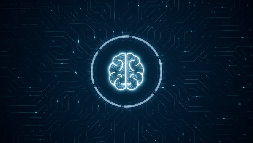 Motion graphic of Blue digital brain logo and futuristic technology circle HUD with circuit board and data transfer on abstract background