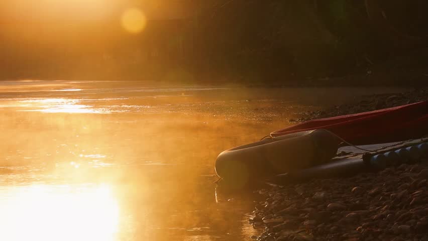 Wonderful morning sunrise foggy river with fresh scenery forest, Beautiful morning light haze on river.