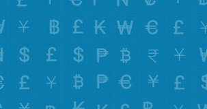 Animation of financial data processing and currency symbols over blue background. Global business, finances, computing and data processing concept digitally generated video.