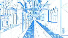 Blueprint of futuristic semiconductor manufacturing factory or laboratory interior with machine and computer screen 4k footage