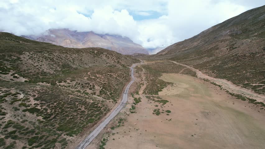 wide aerial landscape of mountain road through Spiti Valley in India