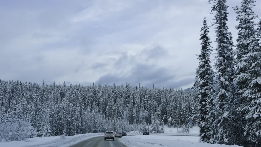 Scenic Snowy Windy Road in Banff, Alberta 4K