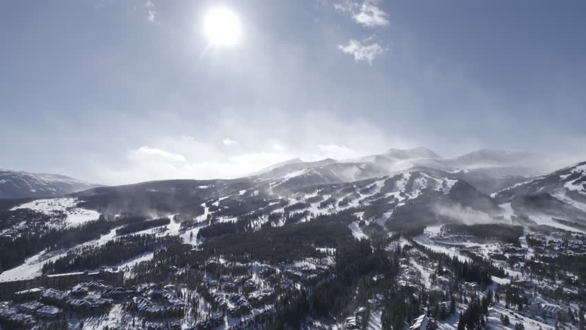 Aerial Footage of Silverthorne, Colorado on a sunny winter day. Tracking right to left.