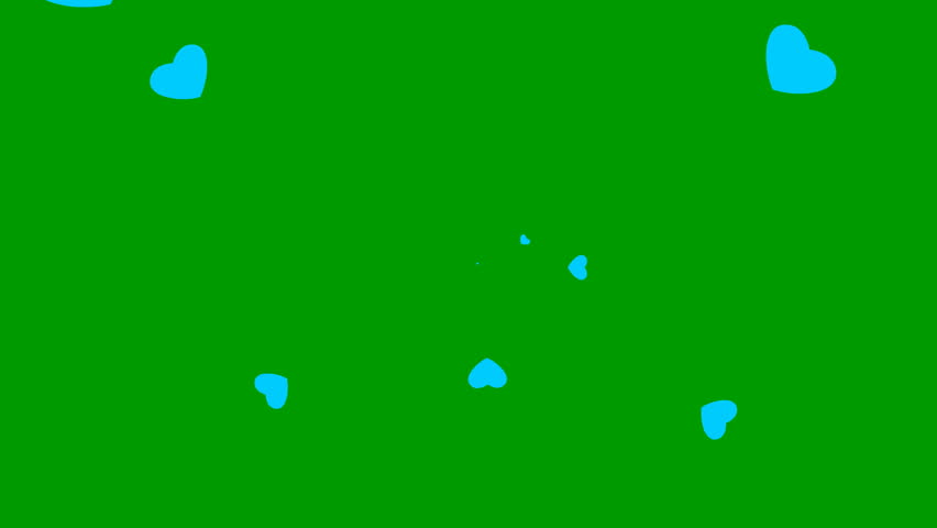 Animated background with blue hearts fly from center. Concept of love. Hearts isolated on green background.