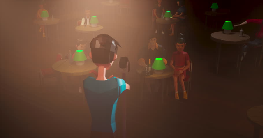 People playing as avatars watching live comedian performing stand-up monologue on a stage VR comedy club in metaverse, 3D rendering. 3D Illustration Royalty-Free Stock Footage #1099583383