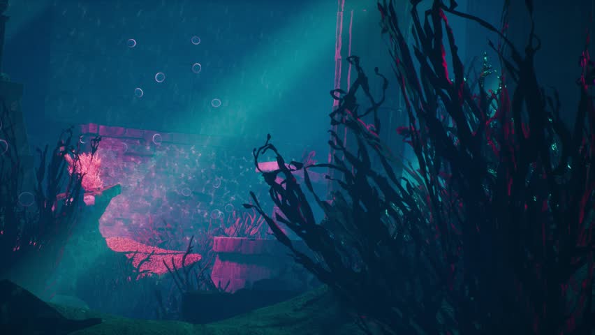 Underwater Temple, Bubbles, Stone Columns, Shark, Corals, Fish 3D Animations Rendering CGI 4K | Shutterstock HD Video #1099584519