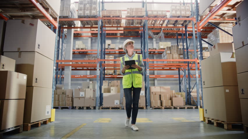 Professional Female Worker Wearing Hard Hat Uses Digital Tablet Checks Inventory Walks in the Retail Warehouse full of Shelves with Goods. Working in Logistics, Distribution Center. Following Shot | Shutterstock HD Video #1099585751