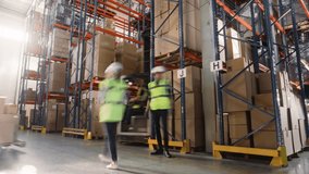 Time-Lapse: Retail Delivery Warehouse full of Shelves with Goods in Cardboard Boxes, Workers Sort Packages, Move Inventory with Pallet Trucks and Forklifts. Product Distribution Logistics Center - Powered by Shutterstock - Get 15% off with code: PIKWIZARD15