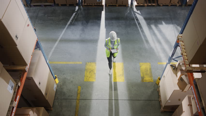 Top-Down Elevating View: Worker Wearing Hard Hat Checks Stock and Inventory Using Digital Tablet Computer in the Retail Warehouse full of Shelves with Goods. Working in Logistics, Distribution Royalty-Free Stock Footage #1099585761
