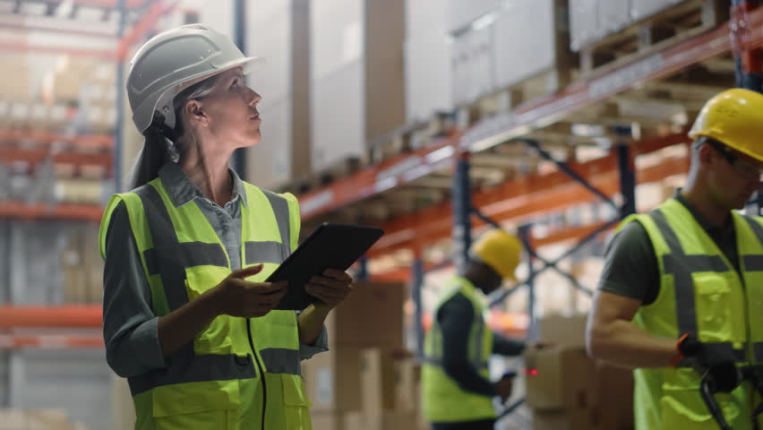 Professional Female Worker Wearing Hard Hat Checks Stock and Inventory with Digital Tablet Computer in the Retail Warehouse full of Shelves with Goods. Working in Logistics, Supply Center | Shutterstock HD Video #1099585771