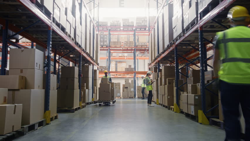 Time-Lapse: Retail Warehouse full of Shelves with Goods in Cardboard Boxes, Workers Scan and Sort Packages, Move Inventory with Pallet Trucks and Forklifts. Product Distribution Logistics Center | Shutterstock HD Video #1099585781