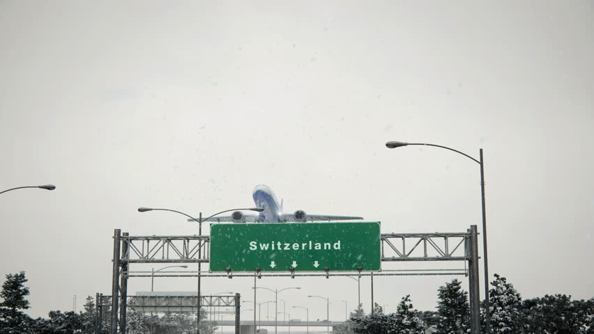 Airplane Take off Switzerland in Christmas. 3D Illustration