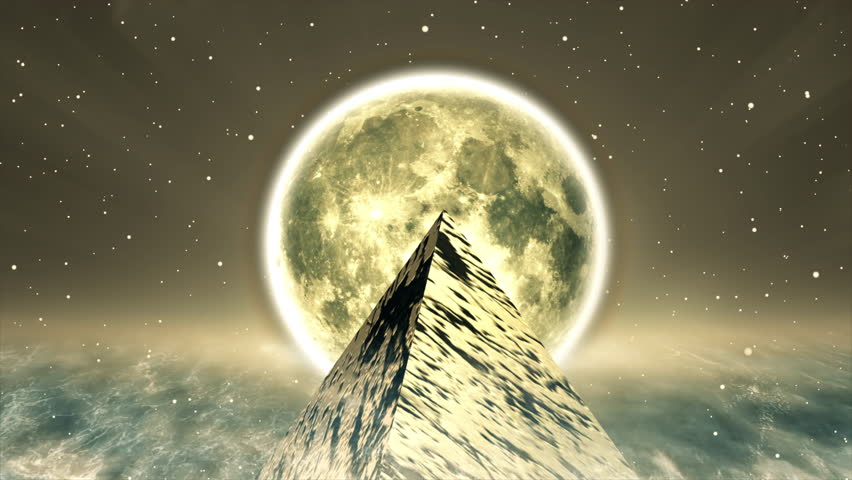 Landscape view of the Pyramids in golden color with the moon in the background