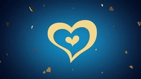 Heart of gold with many small gold hearts on a blue background. Video for Valentine's Day. Beautiful animation with golden heart symbols. Loop animation 
