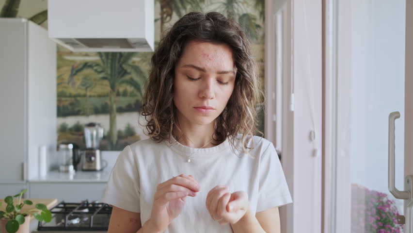 Young sad woman with acne holds pills in hands taking medication. Сute girl with real problem skin preparing to drink large amount of vitamin. Do not want to take pills. Emergency post acne treatment Royalty-Free Stock Footage #1099590223