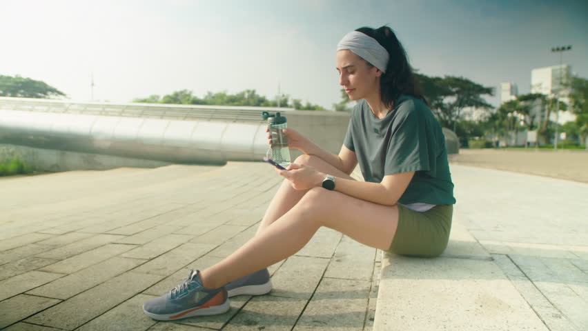 Young woman in sportswear sitting on sidewalk outdoors, drinking water from bottle and using smartphone while resting after morning run in city Royalty-Free Stock Footage #1099592587